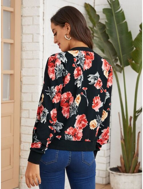 Shein Floral Print Zip-Up Bomber Jacket