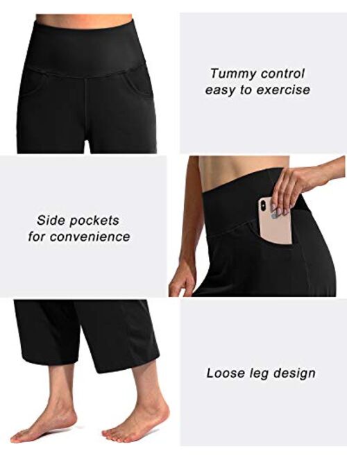 Promover Women‘s Wide Leg Yoga Capri Pants with Pockets High Waisted Lounge Sweatpants Workout Flare Crop Pants