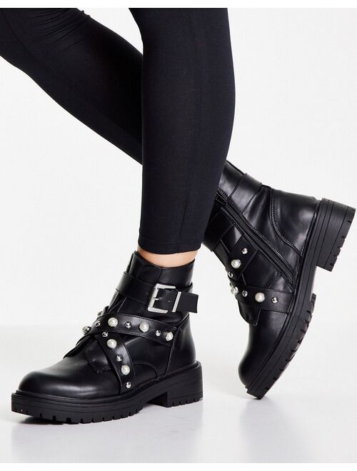 New Look pearl studded boots in black