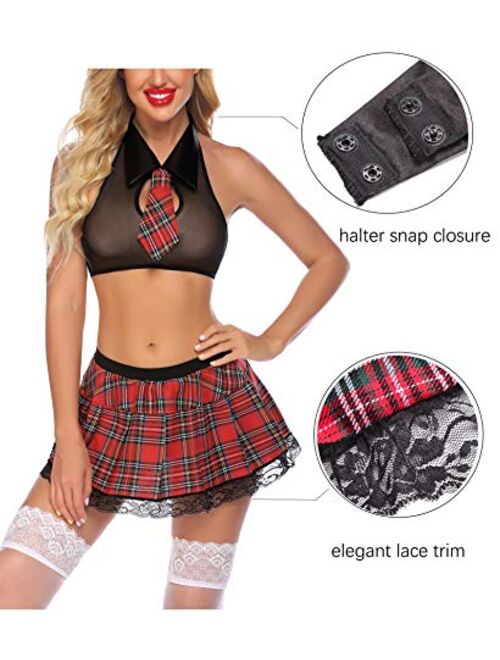 Avidlove Sexy Schoolgirl's Outfit for Womens Costumes Lingerie Set with Tie Top Shirt and Mini Skirt