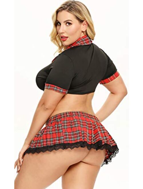 JuicyRose Plus Size School Girl Outfit Lingerie, Cosplay Baby Doll Set with Tie Top and Mini Skirt