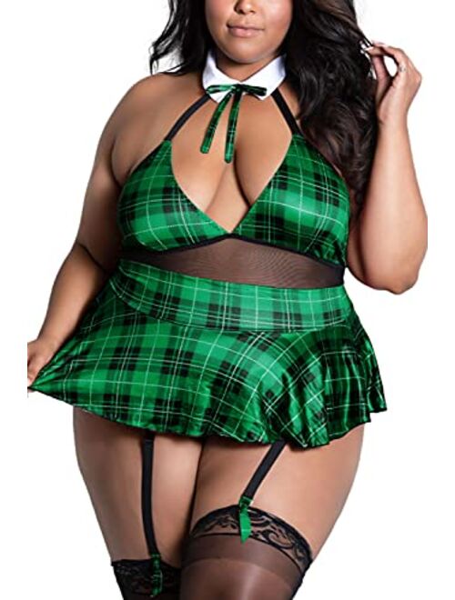 Women's Plus Size Schoolgirl Lingerie Set Costume Roleplay Uniform Sexy Sheer Halter Teddy with Tie & Mini Skirt
