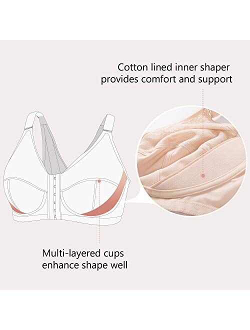 LAUDINE Women's Front Closure Lace Wireless Back Support Posture Bra Plus Size
