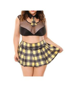 Women Plus Size Schoolgirl Lingerie Set, Roleplay Outfit Uniform Fishnet Crop Top Plaid Necktie Mini Skirt 3 Pieces Costumes