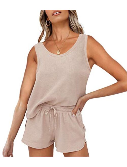 ZESICA Women's Summer Waffle Knit Pajama Set Sleeveless Tank Top and Shorts Loungewear Sweatsuit Outfits with Pockets