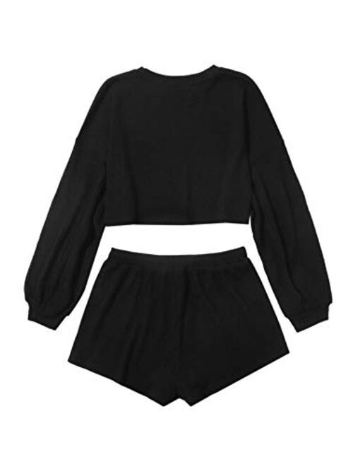 Verdusa Women's 2 Piece Lounge Sets Rib Knit Crop Top & Shorts Sweater Sweatsuit