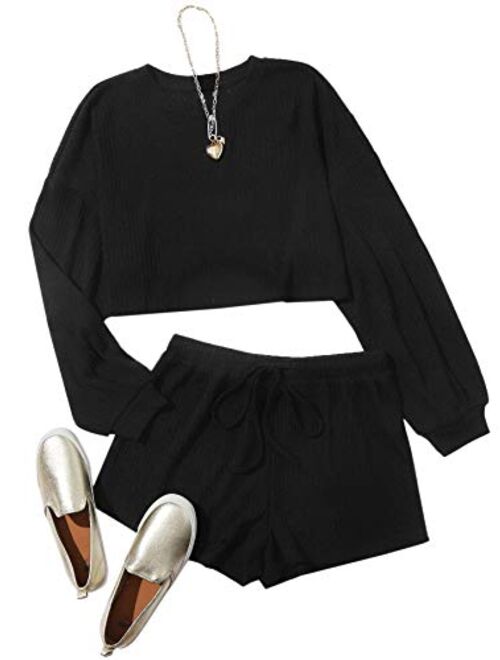 Verdusa Women's 2 Piece Lounge Sets Rib Knit Crop Top & Shorts Sweater Sweatsuit