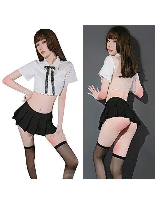 Women's Sailor Style Bodycon Mini Dress Sweet School Girl Uniform Long Sleeve V Neck with Tie Sexy Pencil Skirt