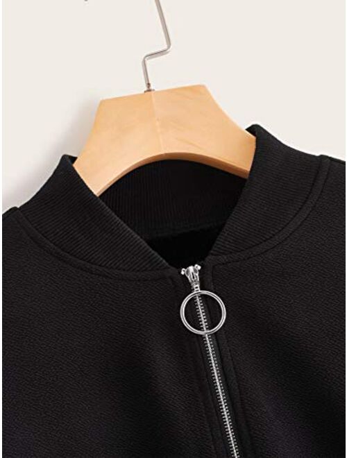 Romwe Women's Long Sleeve Zipper Plaid Stand Collar Bomber Jacket Top