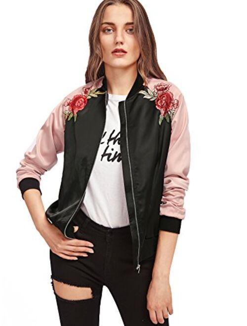 Floerns Women's Casual Short Embroidered Floral Bomber Jacket