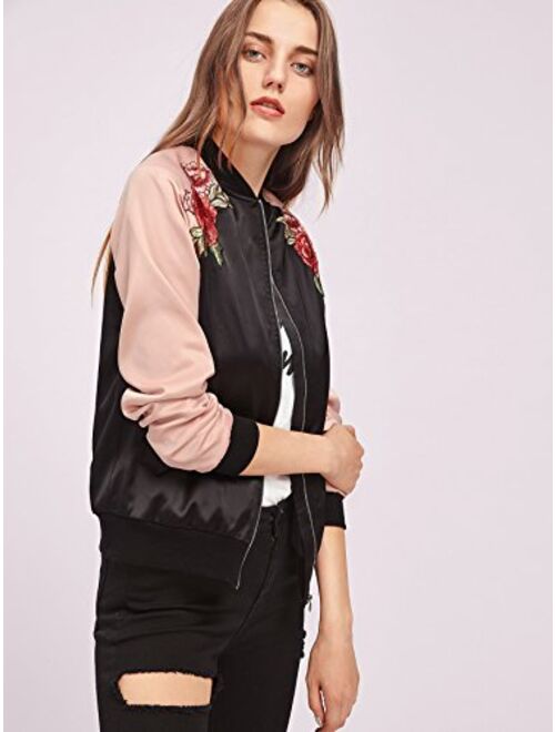 Floerns Women's Casual Short Embroidered Floral Bomber Jacket