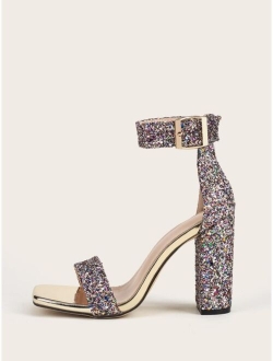 Allover Glitter Decor Chunky Heeled Sandals
