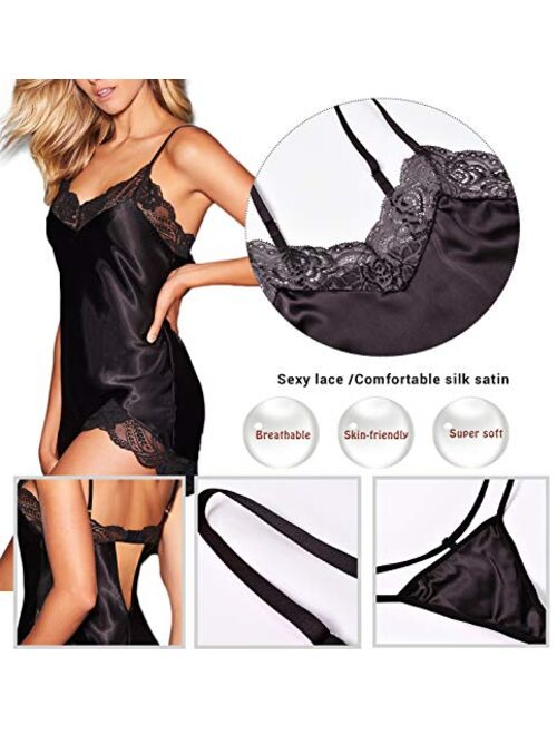 Satin Chemise Sexy Lingerie Halter Dress Lace Nightgown Sleepwear for Women