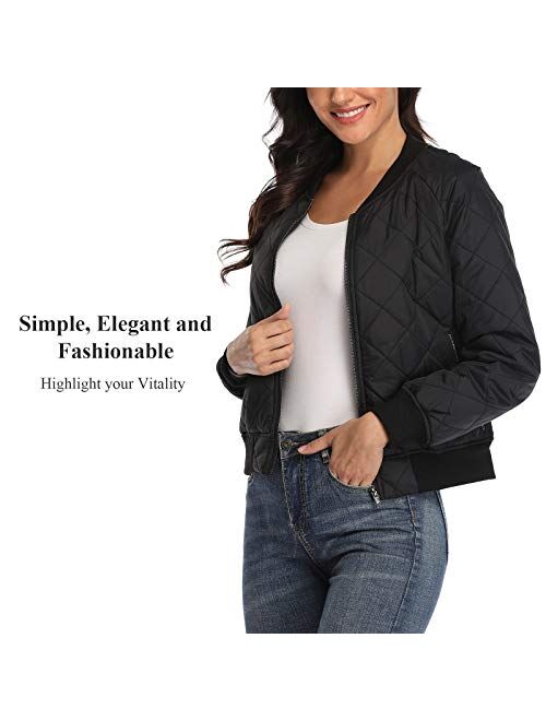 andy & natalie Women's Quilted Jacket Long Sleeve Zip up Raglan Bomber Jacket with Pockets