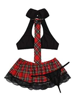 Women's Costume Sexy Lingerie Set Cosplay Top and Plaid Skirt Outfit