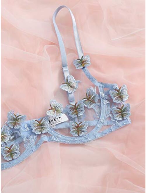 SweatyRocks Women's Sexy Bra and Panty Set 2 Piece Sheer Floral Lace Lingerie Set Blue