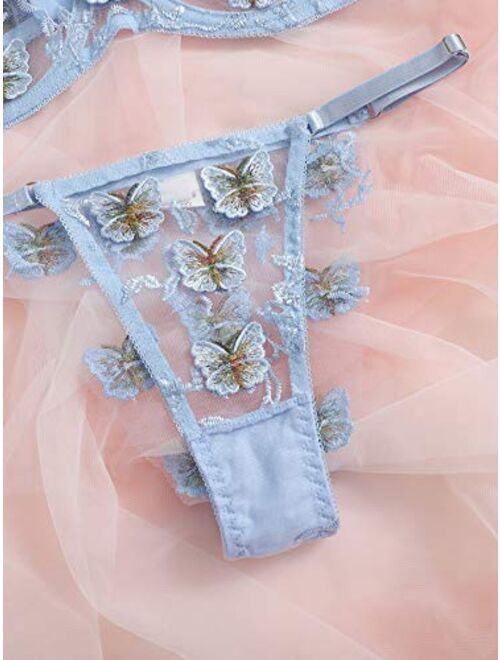 SweatyRocks Women's Sexy Bra and Panty Set 2 Piece Sheer Floral Lace Lingerie Set Blue