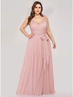 Women's Plus Size V-Neck Wrap Empire Waist Tulle Bridesmaid Dress 7303PZ