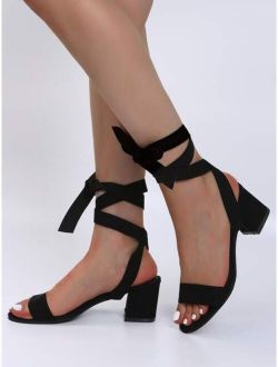 Suede Tie Leg Design Chunky Heeled Sandals