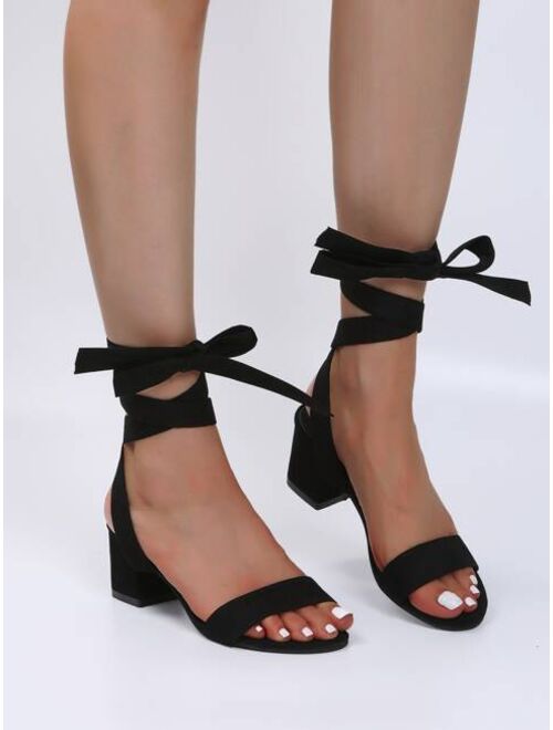 Shein Suede Tie Leg Design Chunky Heeled Sandals