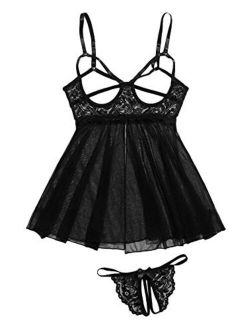 Women's Contrast Lace Cut Out Mesh Lingerie Slips and Thong