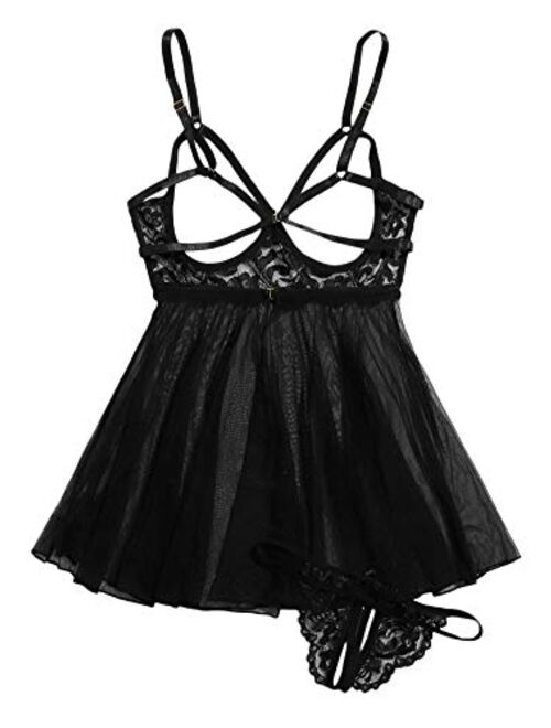 SweatyRocks Women's Contrast Lace Cut Out Mesh Lingerie Slips and Thong