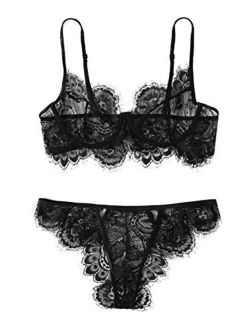Women's Sexy Lace Mesh Lingerie Bra and Panty 2 Piece Set