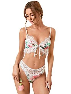 Women's Sheer Lace Floral Print Bra and Panty 2 Piece Lingerie Set