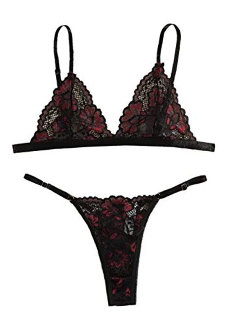SweatyRocks Women's Floral Lace Sheer See Through Two Piece Lingerie Bra and Panty Set