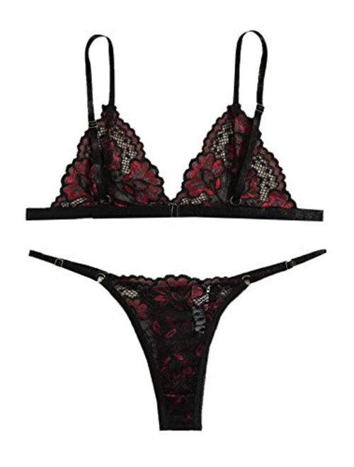 SweatyRocks Women's Floral Lace Sheer See Through Two Piece Lingerie Bra and Panty Set