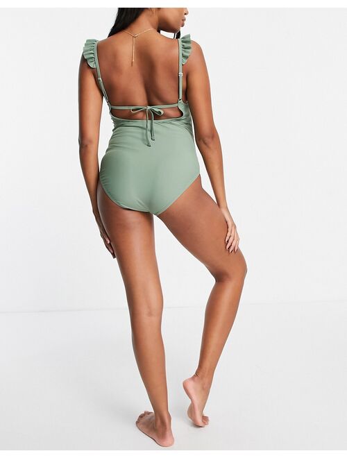 Mamalicious Maternity recycled blend swimsuit with keyhole and ruffle strap detail in khaki