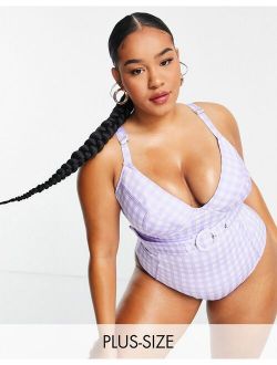 Plus structured belted gingham swimsuit in purple