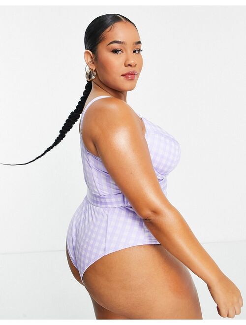 River Island Plus structured belted gingham swimsuit in purple