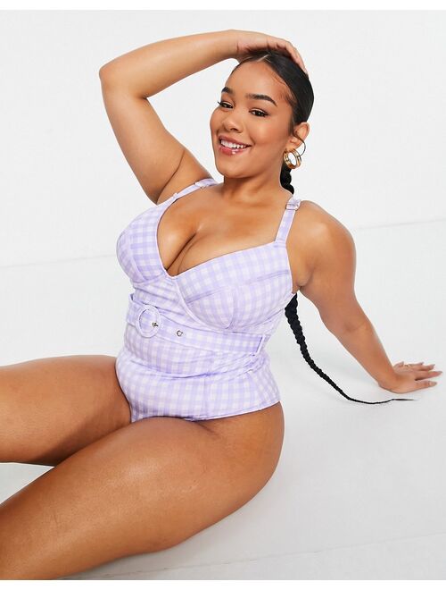 River Island Plus structured belted gingham swimsuit in purple