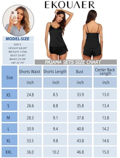 Ekouaer Silk Pajamas Set Womens Lace Cami Tops and Shorts Satin Lingerie V Neck Sleepwear XS-XXL