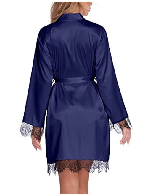 Ekouaer Womens Lingerie Set with Robe Satin Silk Pajamas Sexy Cami V Neck Lace Rompers 2 Piece Sleepwear