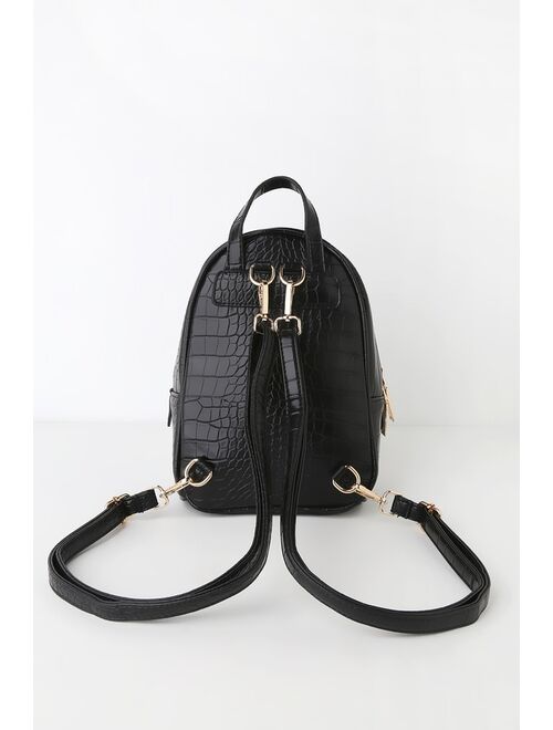Lulus Getting Places Black Crocodile Embossed Mini Backpack