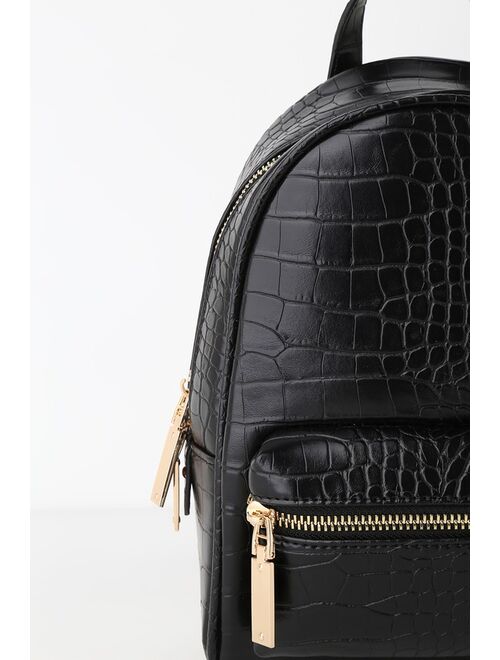 Lulus Getting Places Black Crocodile Embossed Mini Backpack