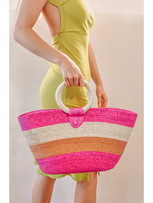 Lulus Heading to the Market Pink Multi Woven Straw Tote Bag