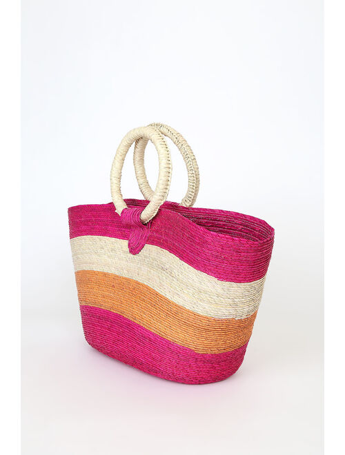 Lulus Heading to the Market Pink Multi Woven Straw Tote Bag