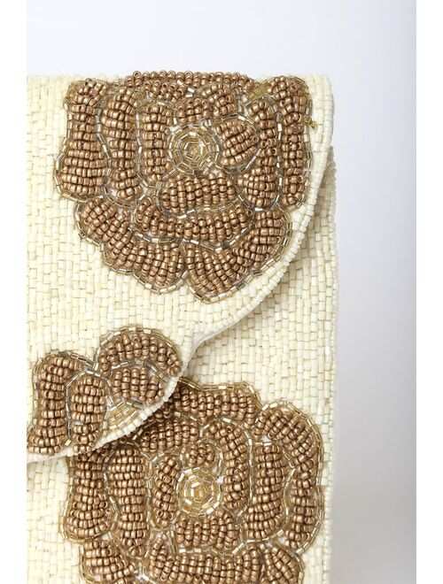 Lulus Hand-Picked White and Gold Beaded Clutch
