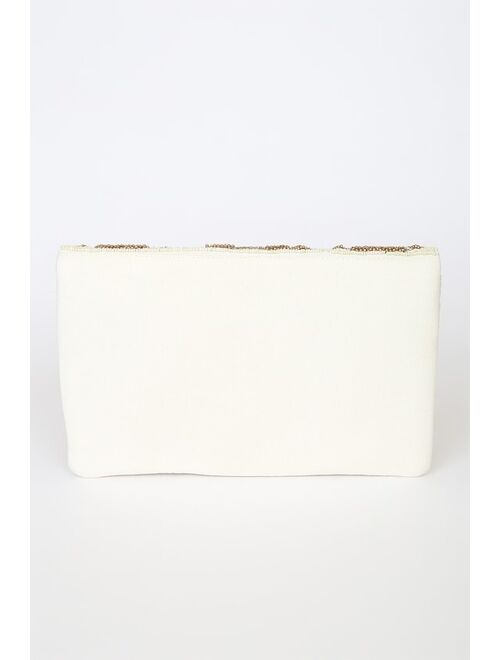 Lulus Hand-Picked White and Gold Beaded Clutch