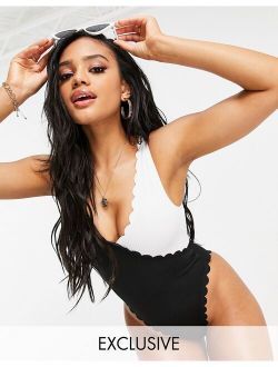 South Beach Exclusive textured scallop swimsuit in monochrome