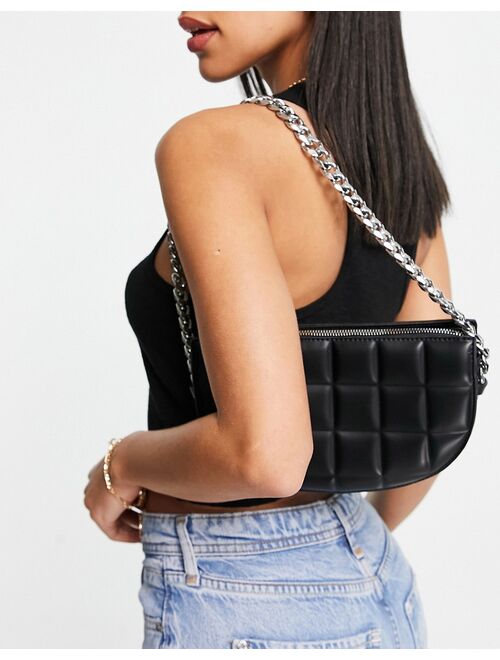 Asos Design premium padded square quilt shoulder bag with chain strap in black