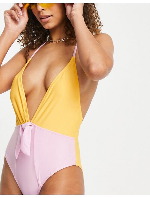 Vero Moda color block swimsuit in lilac and yellow