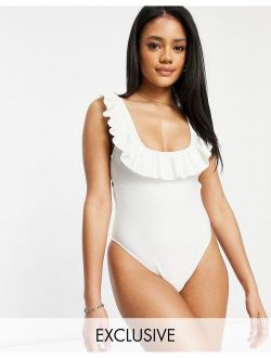 Fashion Union Exclusive high leg swimsuit with square neck and ruffle detail in texture white