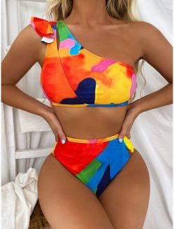 Color Block Ruffle One Shoulder Bikini Swimsuit