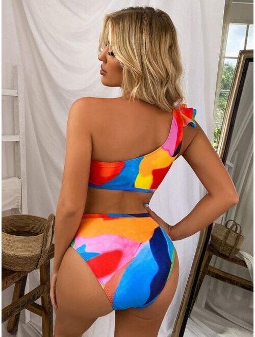 Shein Color Block Ruffle One Shoulder Bikini Swimsuit