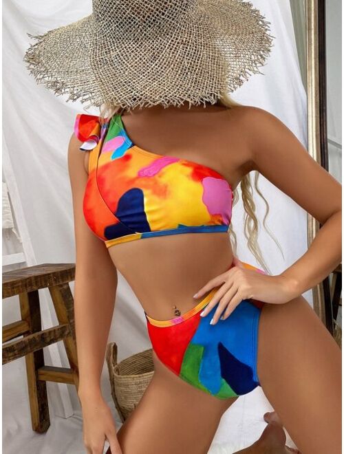 Shein Color Block Ruffle One Shoulder Bikini Swimsuit