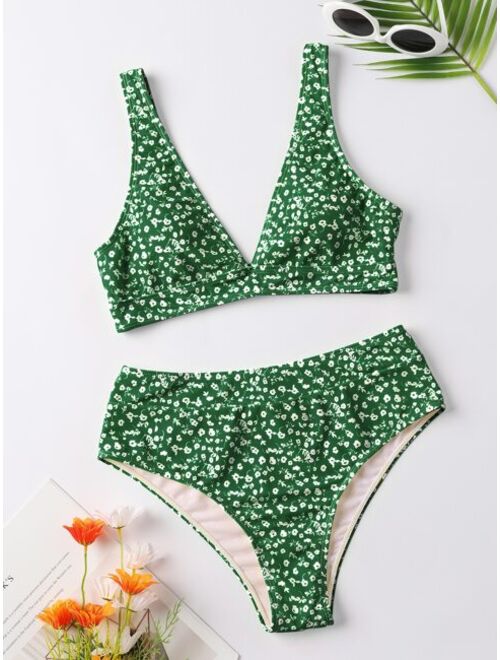 Shein Ditsy Floral V Neck Bikini Swimsuit